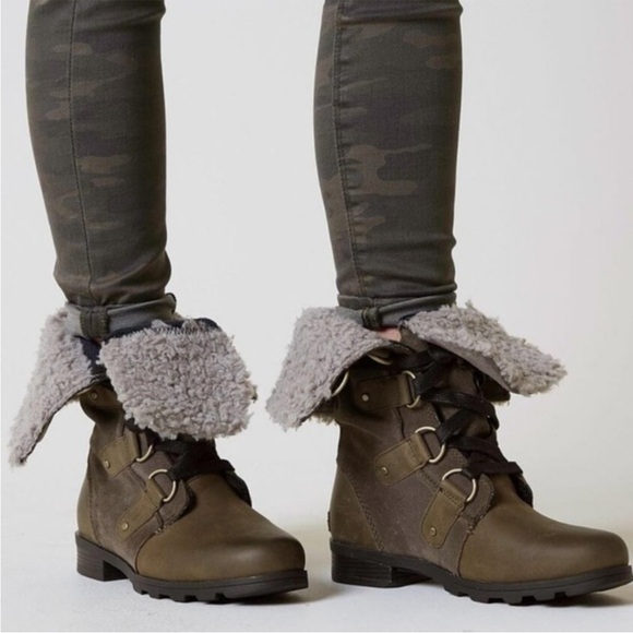 SOREL - women’s Emelie lace up Combat brown leather waterproof boots faux fur 10 - Picture 4 of 12